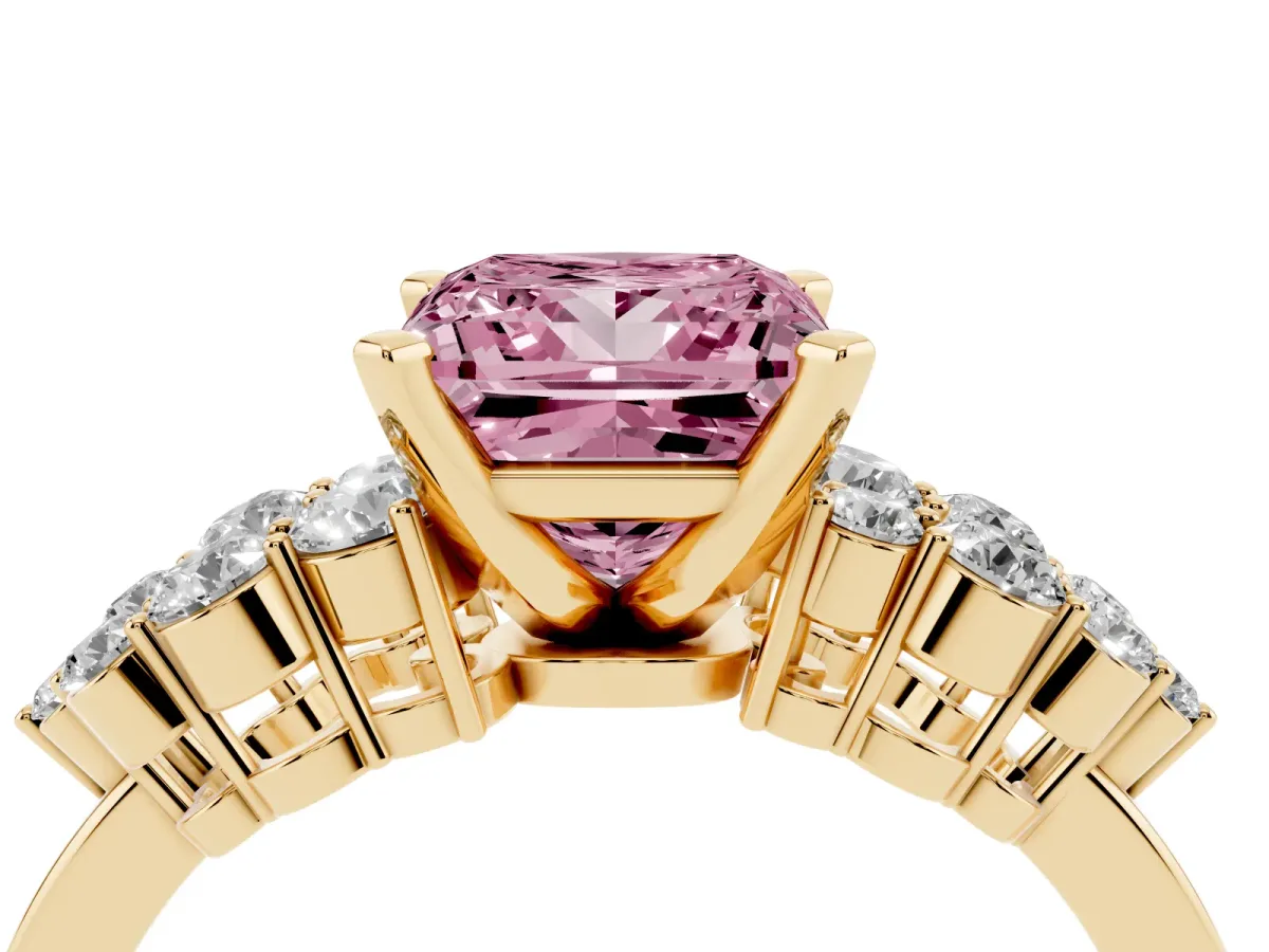 Fancy Pink Princess Cut Cluster Diamond Engagement Ring with Pavé Band and Four-Prong Setting Yellow gold