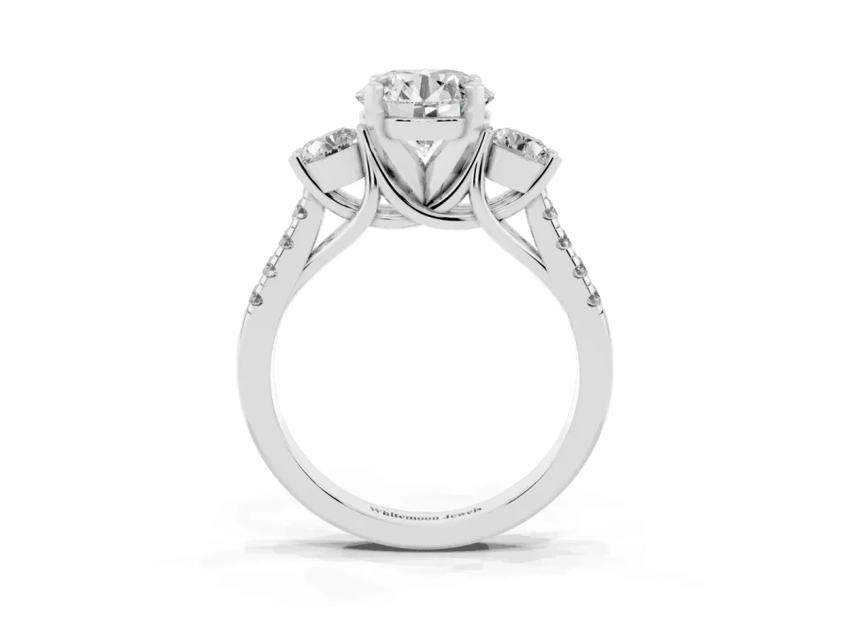 Three-Stone Round Cut Diamond Pavé Band with Four-Prong Setting Platinum