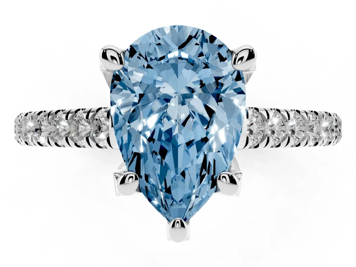 Fancy Blue Pear Cut Brilliant Diamond Solitaire with Pavé Band and Four-Prong Setting Silver