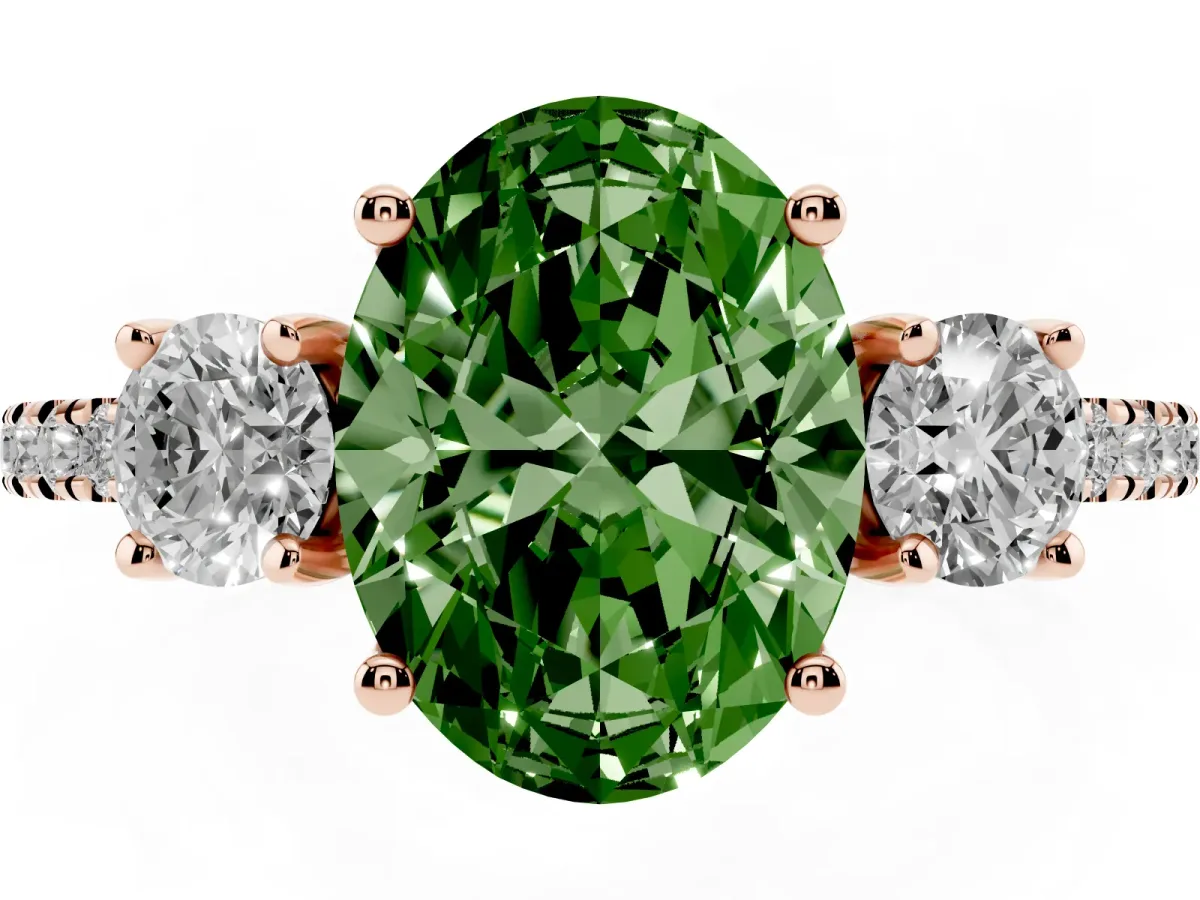 Fancy Green Three-Stone Oval Cut Cut Diamond Pavé Band with Prong Setting Rose gold