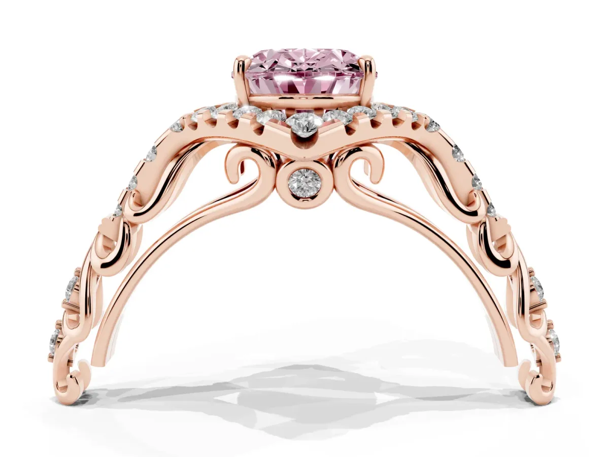Fancy Pink Oval Cut Diamond Solitaire Ring with Hidden Halo and Pavé Band Rose gold