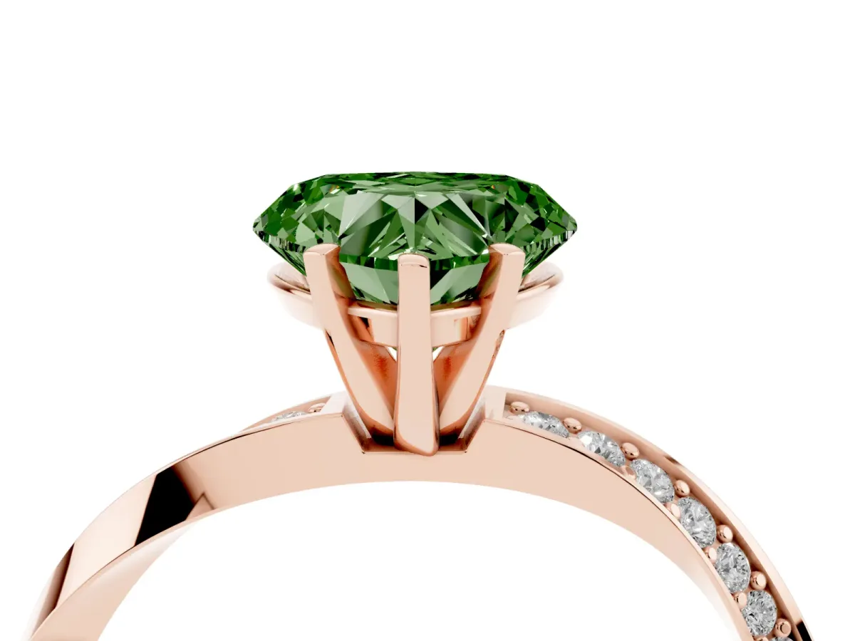 Fancy Green Heart Cut Diamond Engagement Ring with Side Stone Accents and Four-Prong Setting Rose gold