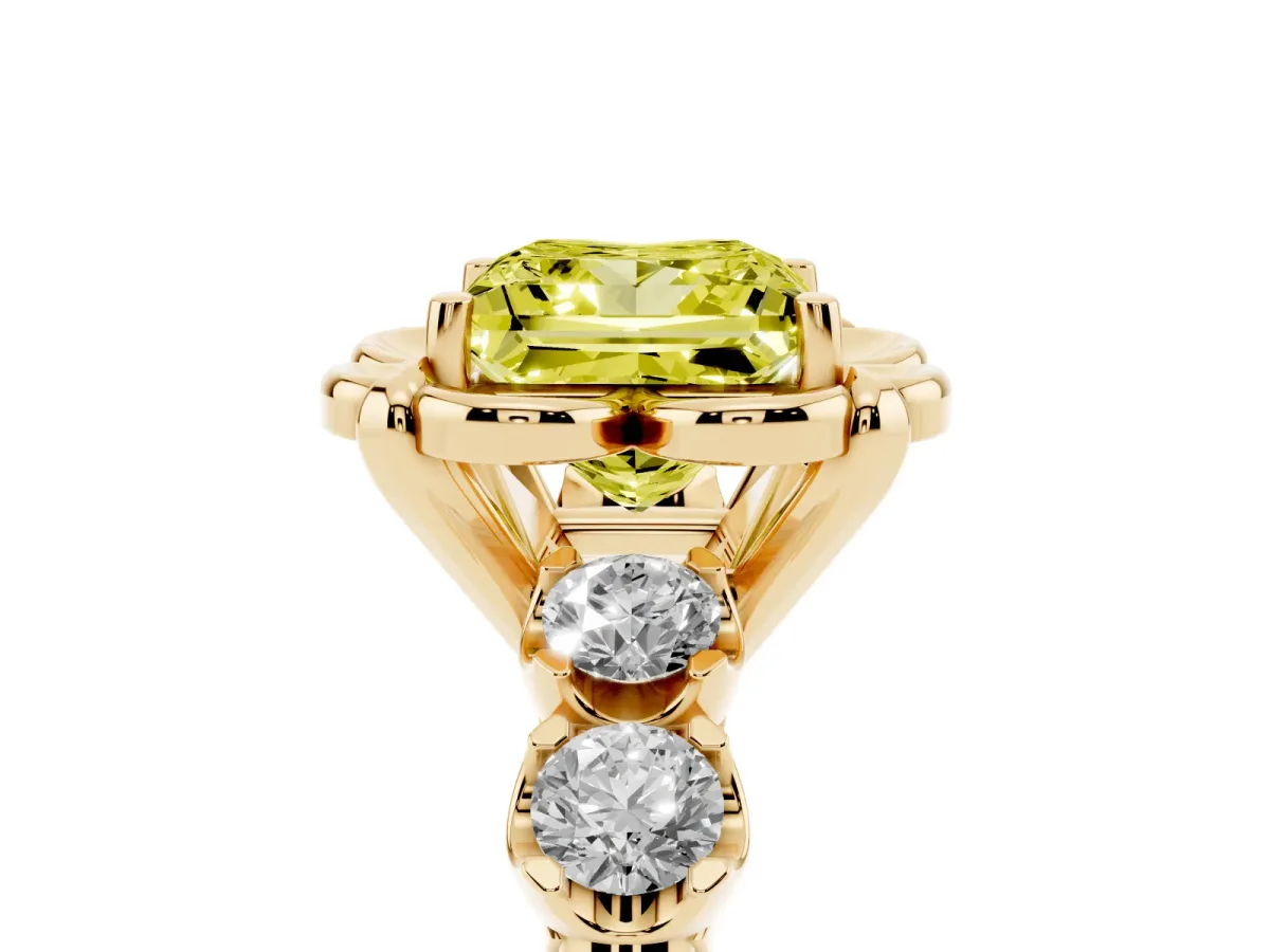 Fancy Yellow Princess Cut Cut Diamond Floral Halo Engagement Ring with Shared Prong Setting Yellow gold