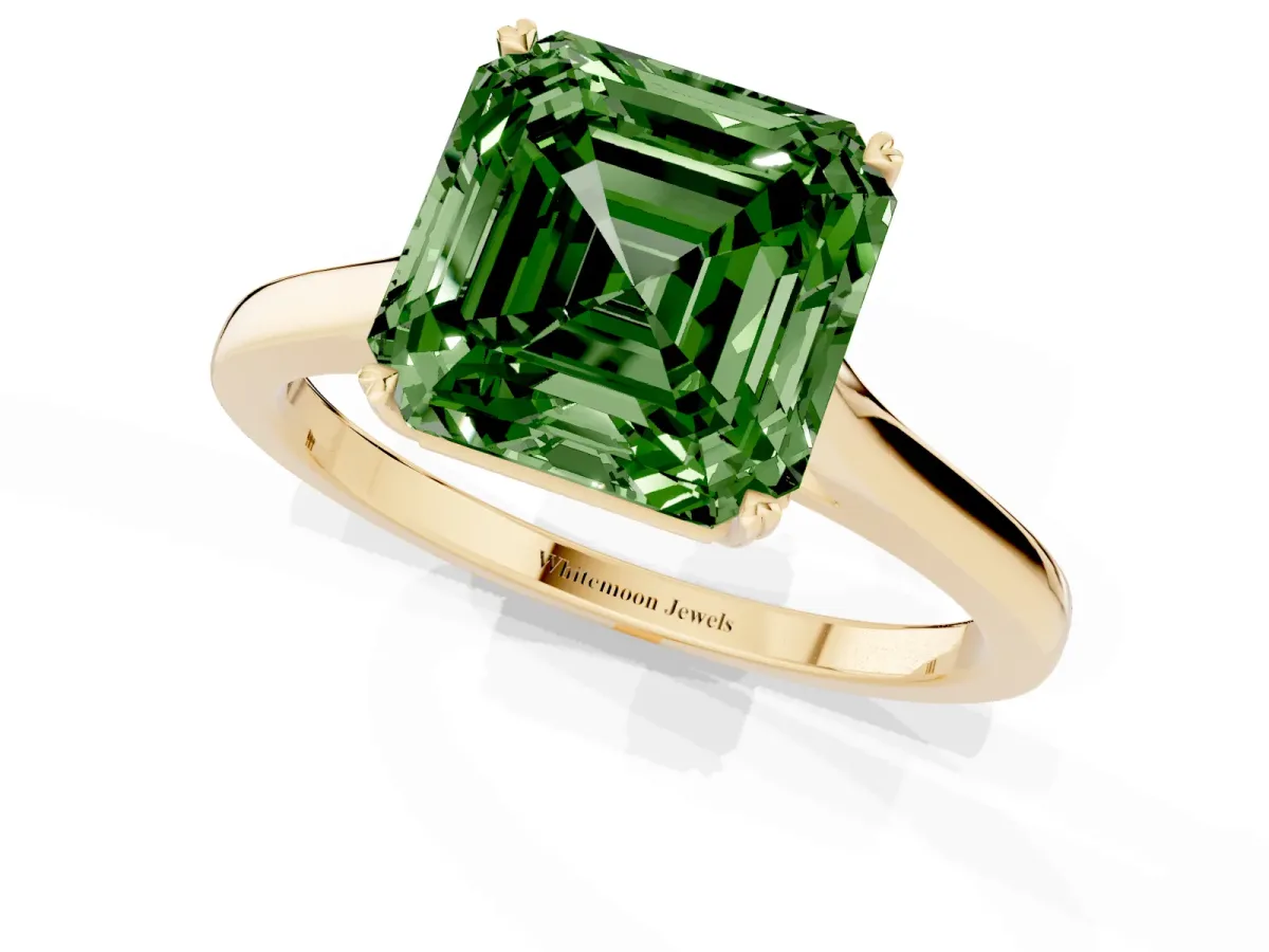 Fancy Green Asscher Cut Solitaire Heart Prong Engagement Ring with Tapered Band Yellow gold