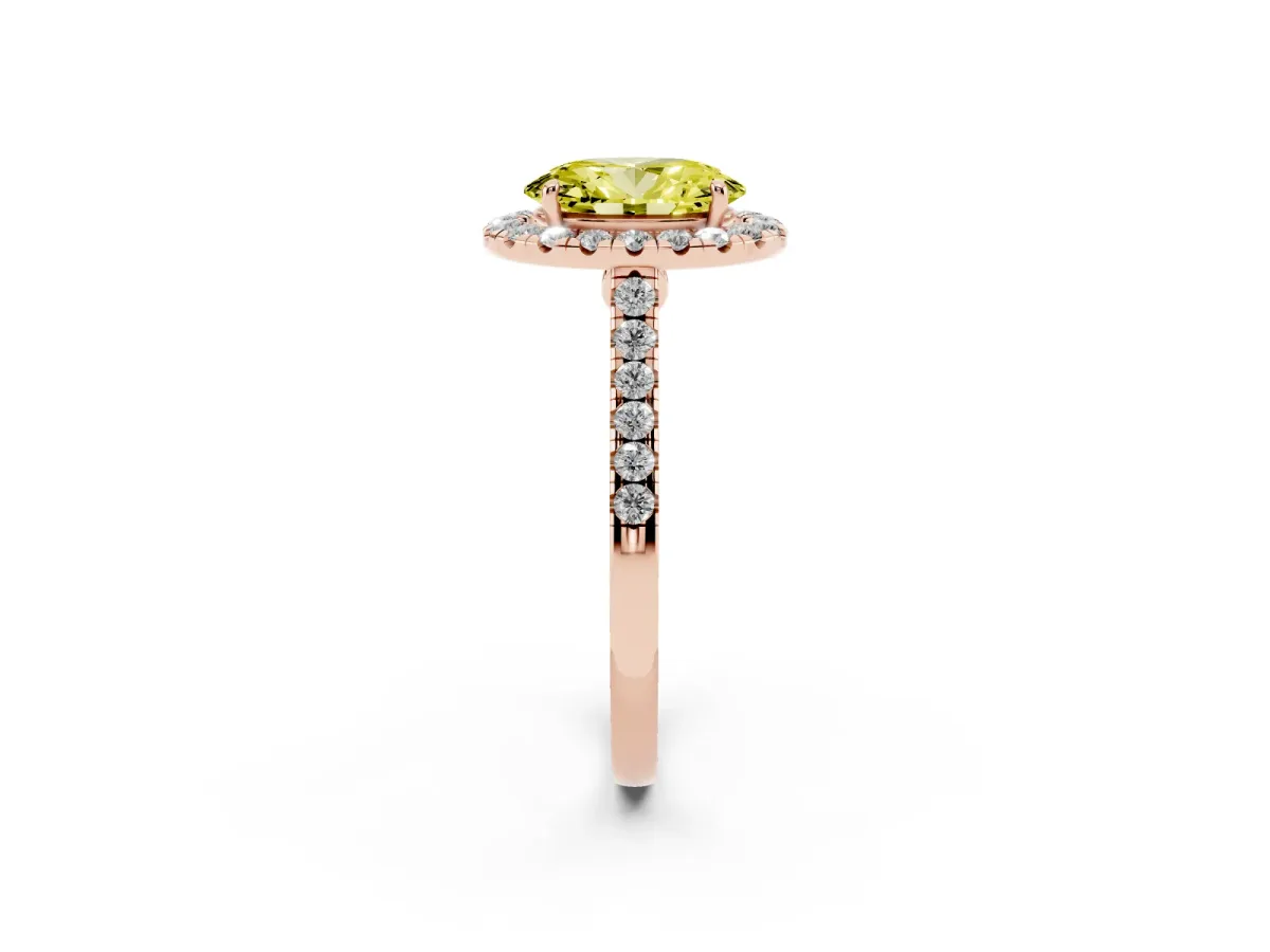 Fancy Yellow Oval Cut Halo Pave Diamond Engagement Ring with Four-Prong Setting Rose gold