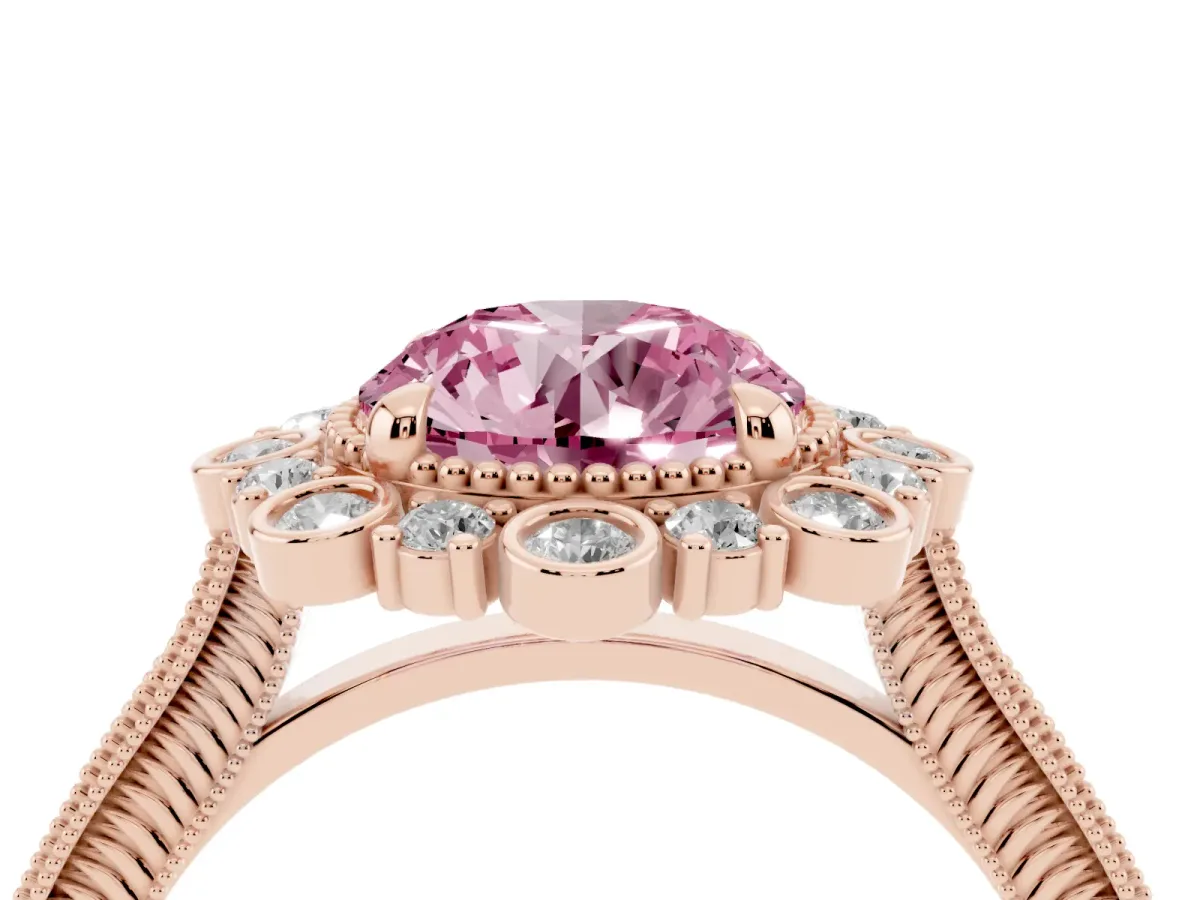 Fancy Pink Round Cut Halo Milgrain Pave Diamond Ring with Four-Prong Setting Rose gold