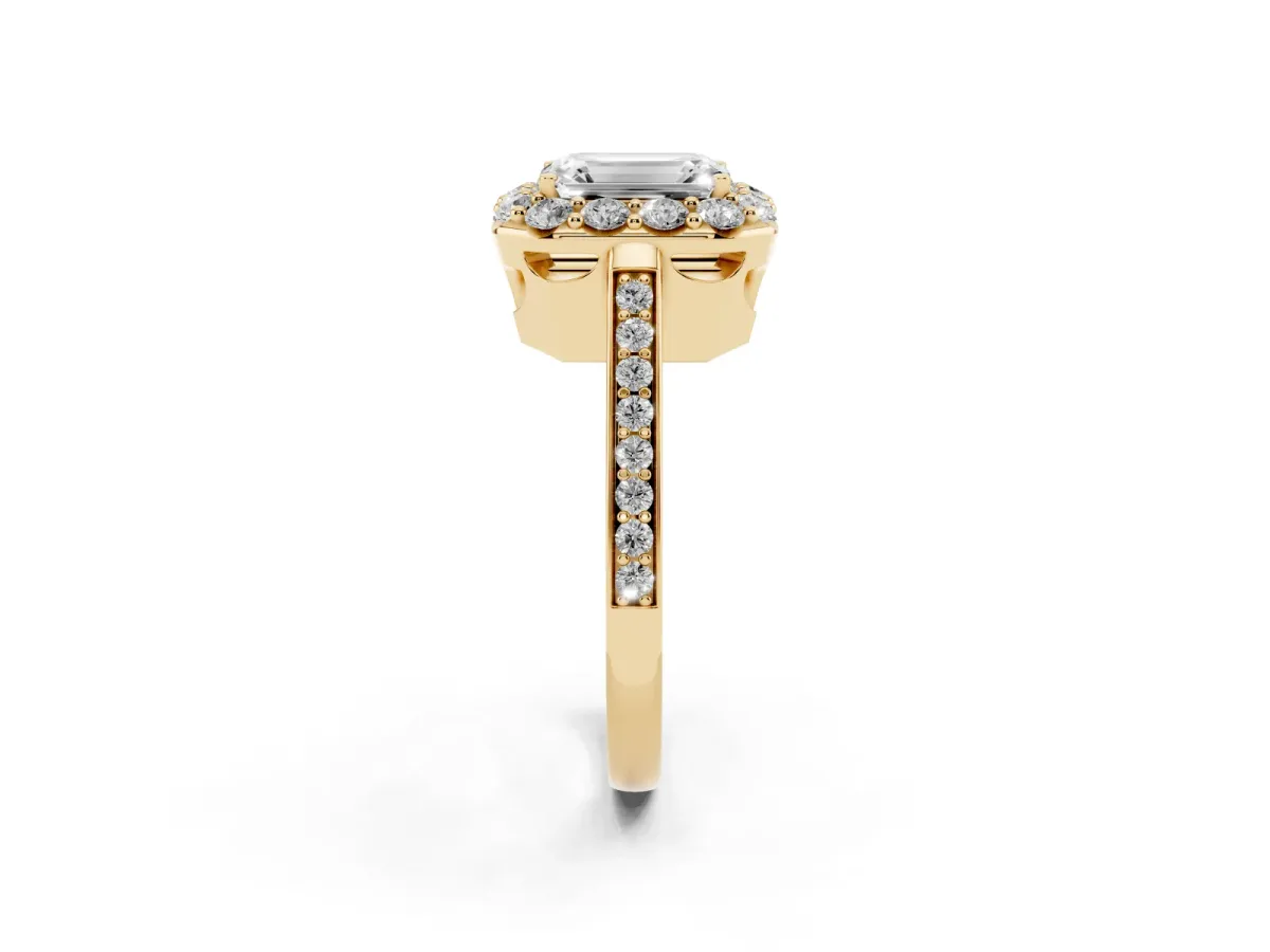Emerald Cut Diamond Floral Halo Ring with Pavé Band and Prong Setting Yellow gold