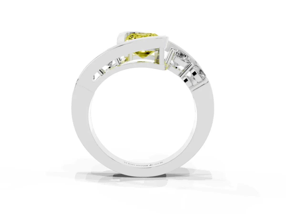 Fancy Yellow Bezel Set Emerald Cut Diamond Bypass Ring with Round Accents Silver