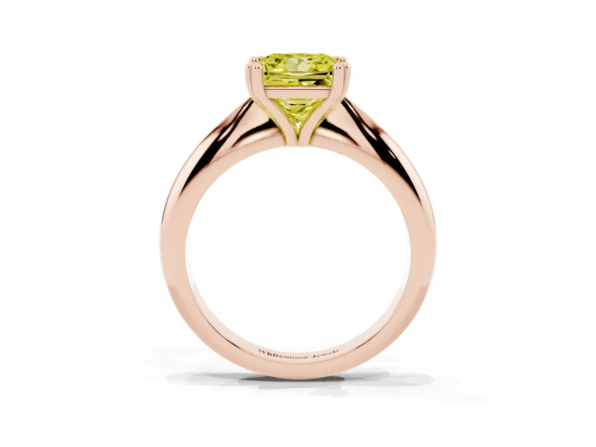 Fancy Yellow Princess Cut Cut Solitaire Engagement Ring with Tapered Band and Four-Prong Setting Rose gold