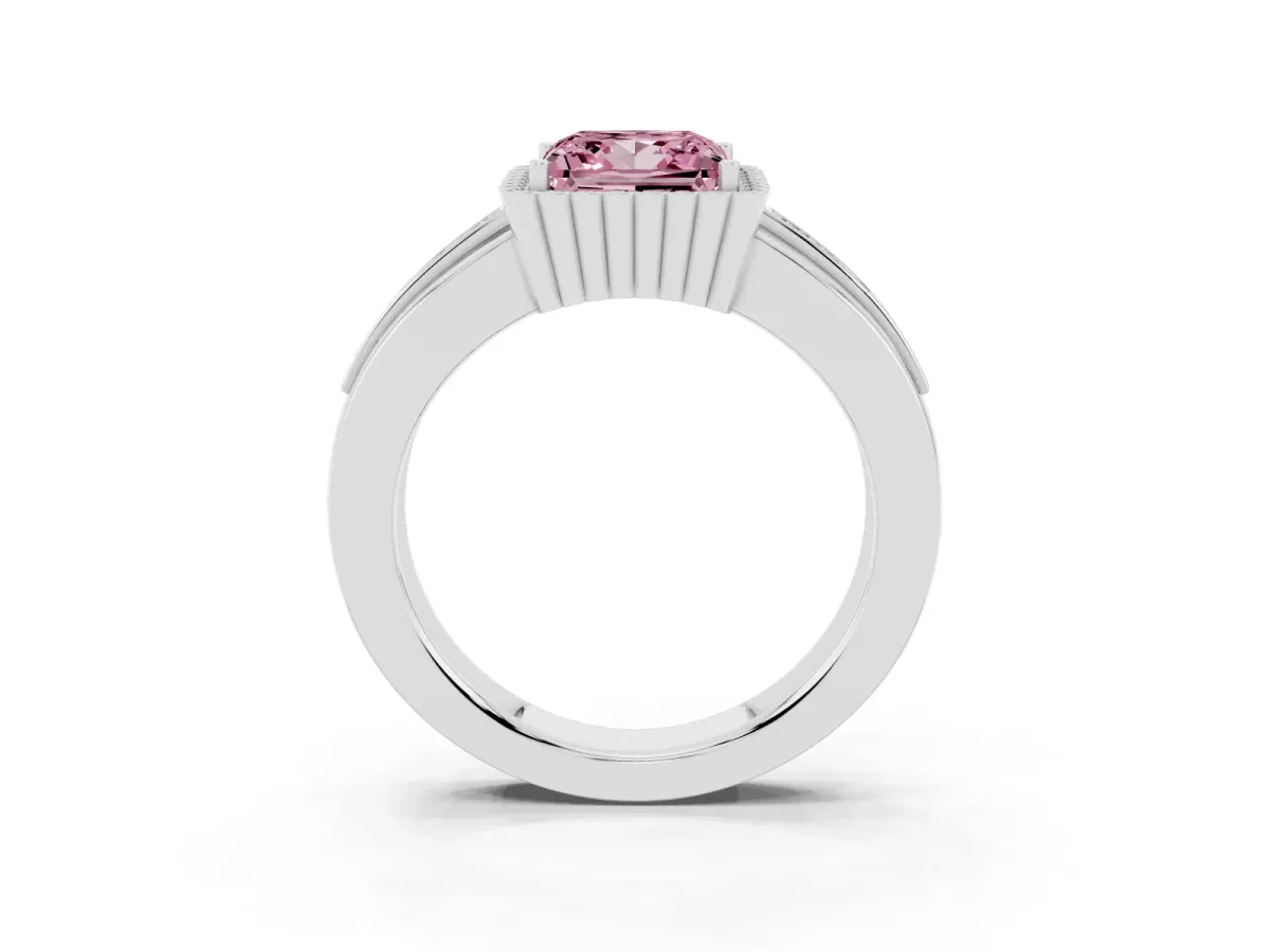 Fancy Pink Princess Cut Cut Halo Pave Band Four-Prong Ring Platinum