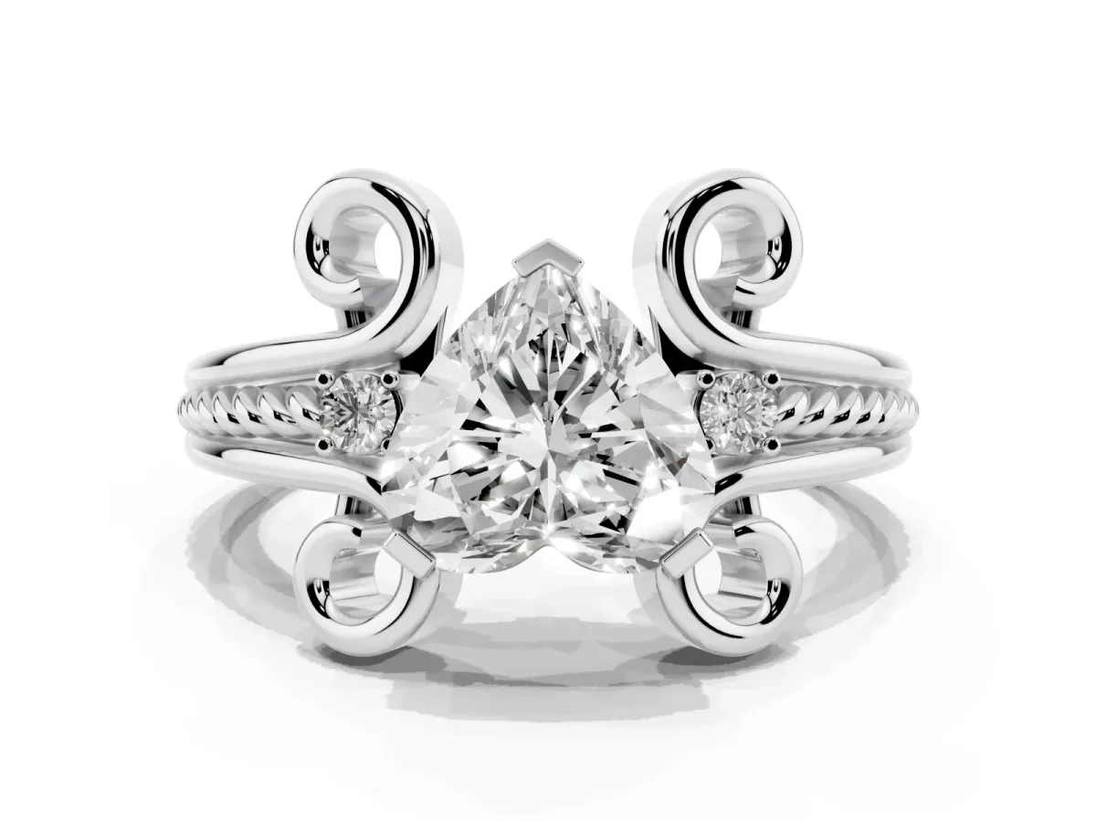 Heart Cut Solitaire Twisted Band Scroll Prong Ring Silver