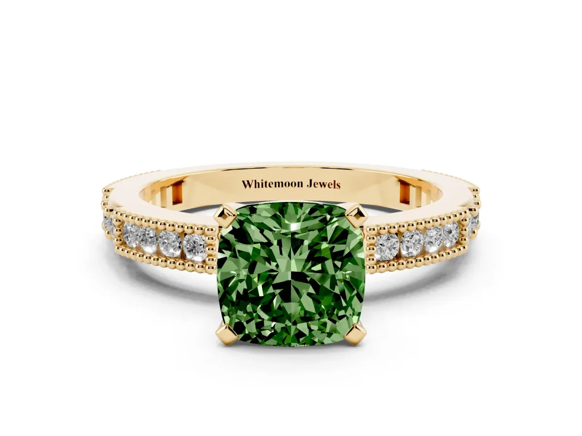 Fancy Green Cushion Cut Solitaire with Pavé Band and Four-Prong Setting Yellow gold