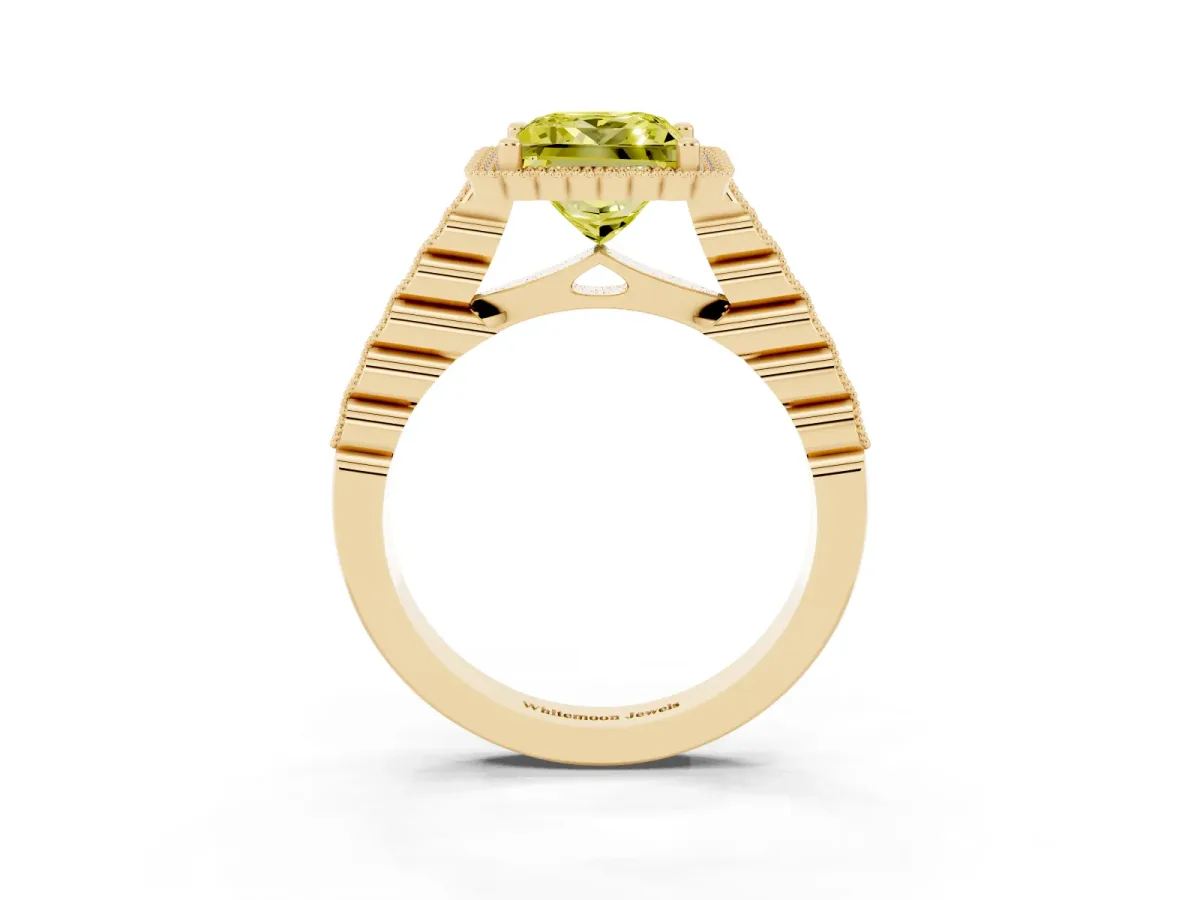 Fancy Yellow Princess Cut Cut Halo Pavé Solitaire Ring with Milgrain Band Yellow gold