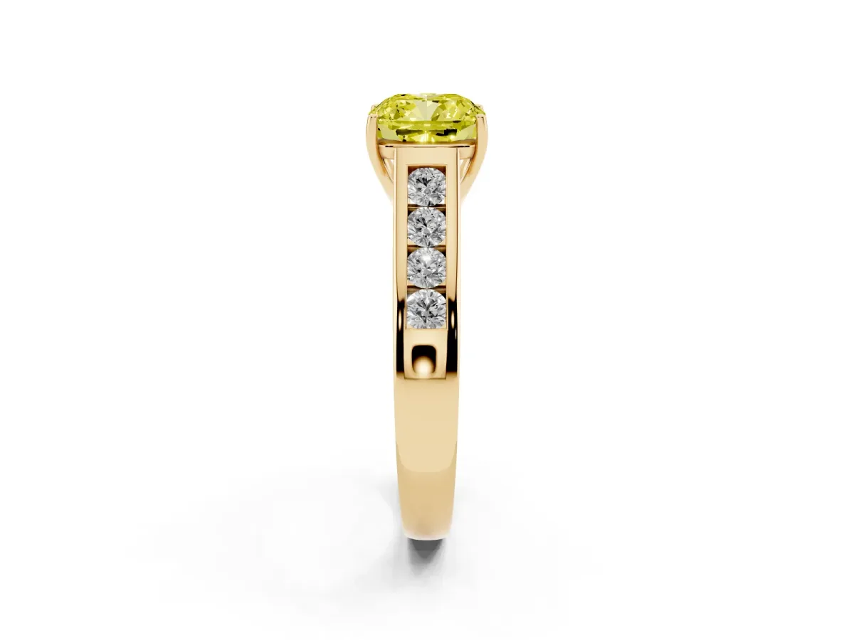 Fancy Yellow Cushion Cut Solitaire Channel-Set Diamond Engagement Ring with Four-Prong Setting Yellow gold