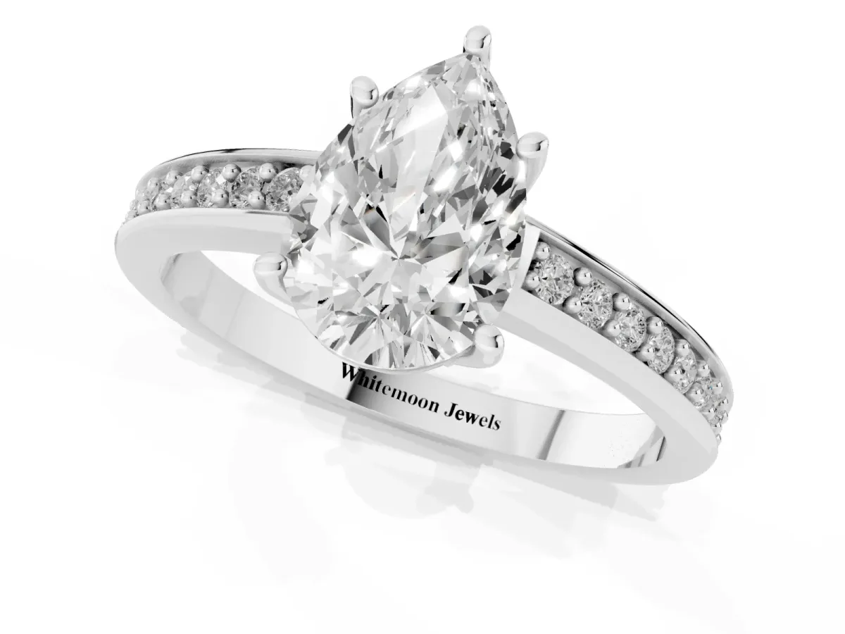 Pear Cut Solitaire Pavé Band Prong Setting Ring Silver