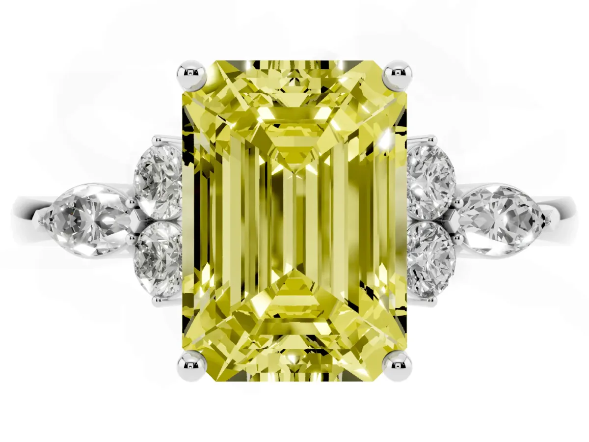 Fancy Yellow Emerald Cut Brilliant Diamond Solitaire Ring with Pear Side Stones and Four-Prong Setting White gold