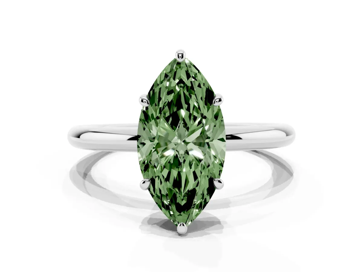Fancy Green Oval Cut Solitaire Diamond Ring with Four-Prong Setting on a Plain Band Silver