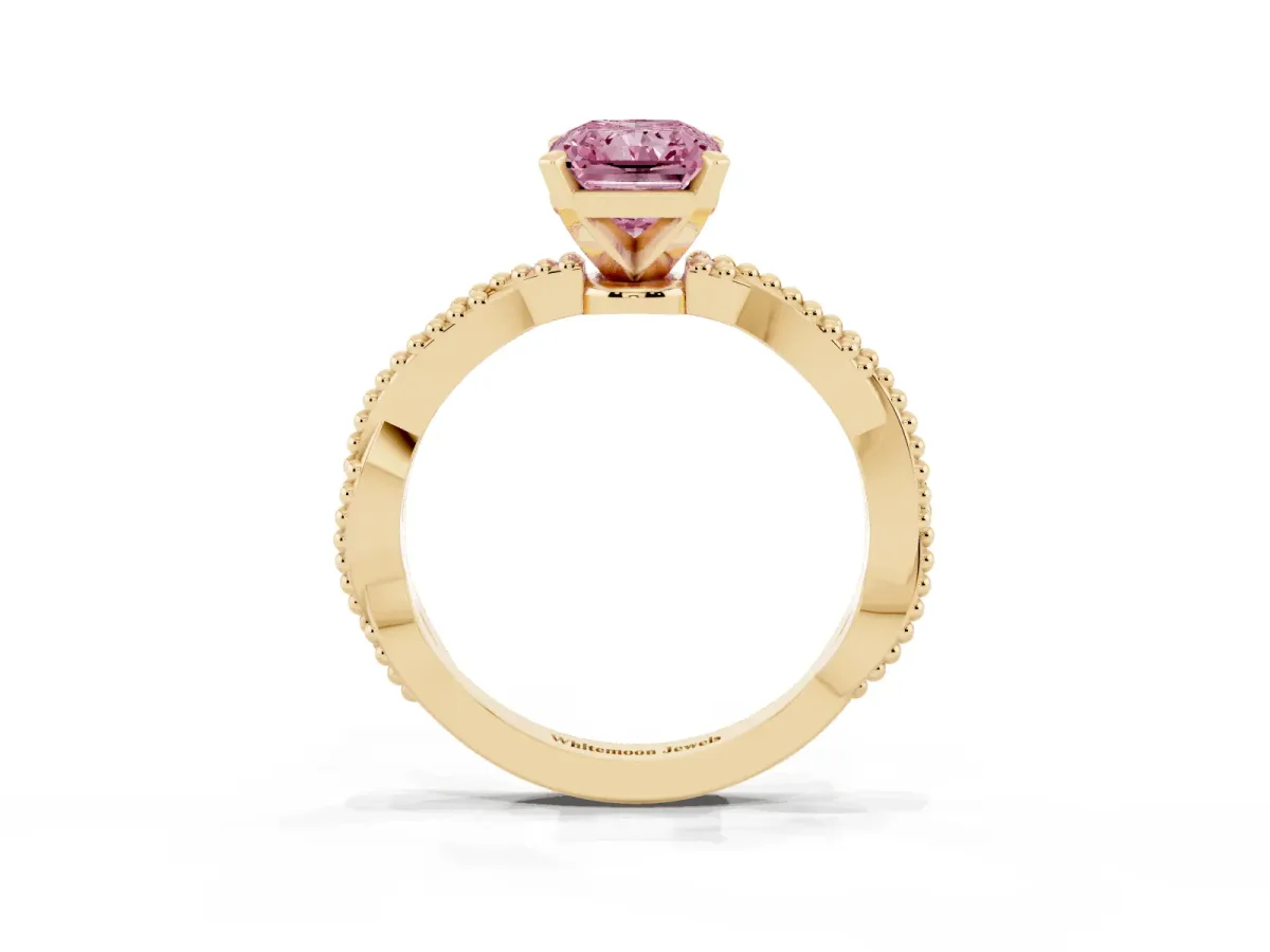 Fancy Pink Radiant Cut Solitaire Twisted Band with Bead Prong Setting Yellow gold