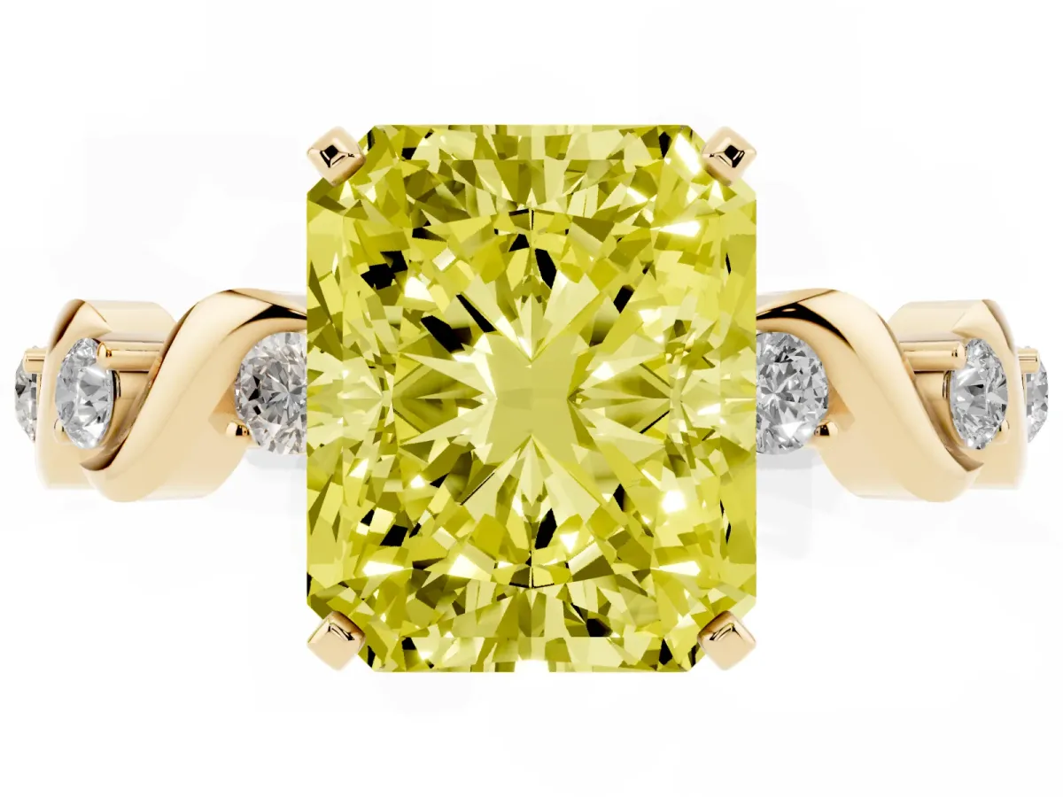 Fancy Yellow Radiant Cut Diamond Solitaire Twisted Band with Round Accents and Prong Setting Yellow gold
