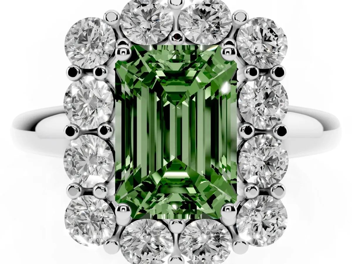 Fancy Green Emerald Cut Halo Cluster Diamond Engagement Ring with Prong Setting and Polished Band Platinum