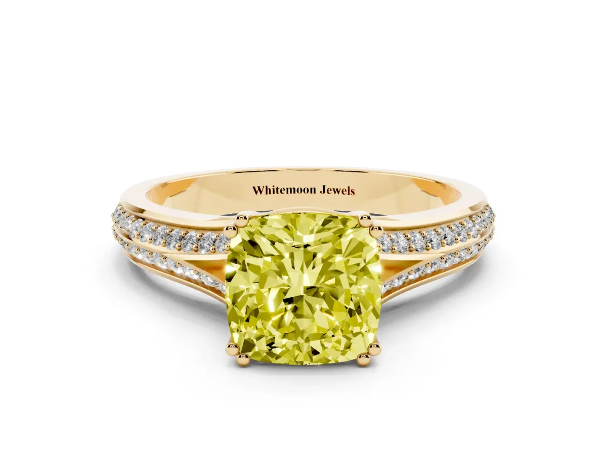 Fancy Yellow Cushion Cut Diamond Split Shank Engagement Ring with Pavé Band Yellow gold