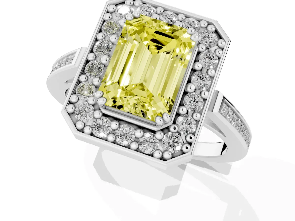 Fancy Yellow Emerald Cut Diamond Halo Ring with Split Shank and Four-Prong Setting Silver