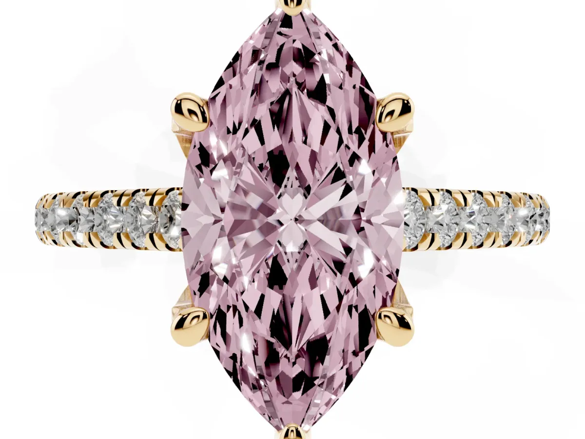 Fancy Pink Marquise Cut Brilliant Diamond Solitaire with Pavé Band and Four-Prong Setting Yellow gold