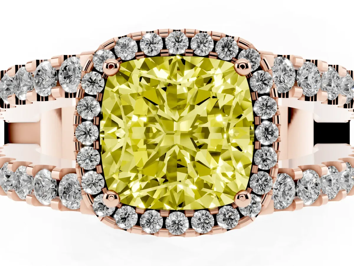 Fancy Yellow Cushion Cut Cut Halo Split Shank Diamond Ring with Four-Prong Setting Rose gold