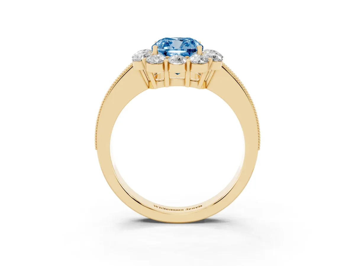 Fancy Blue Cushion Cut Cut Halo Diamond Pavé Engagement Ring with Milgrain Detailing Yellow gold