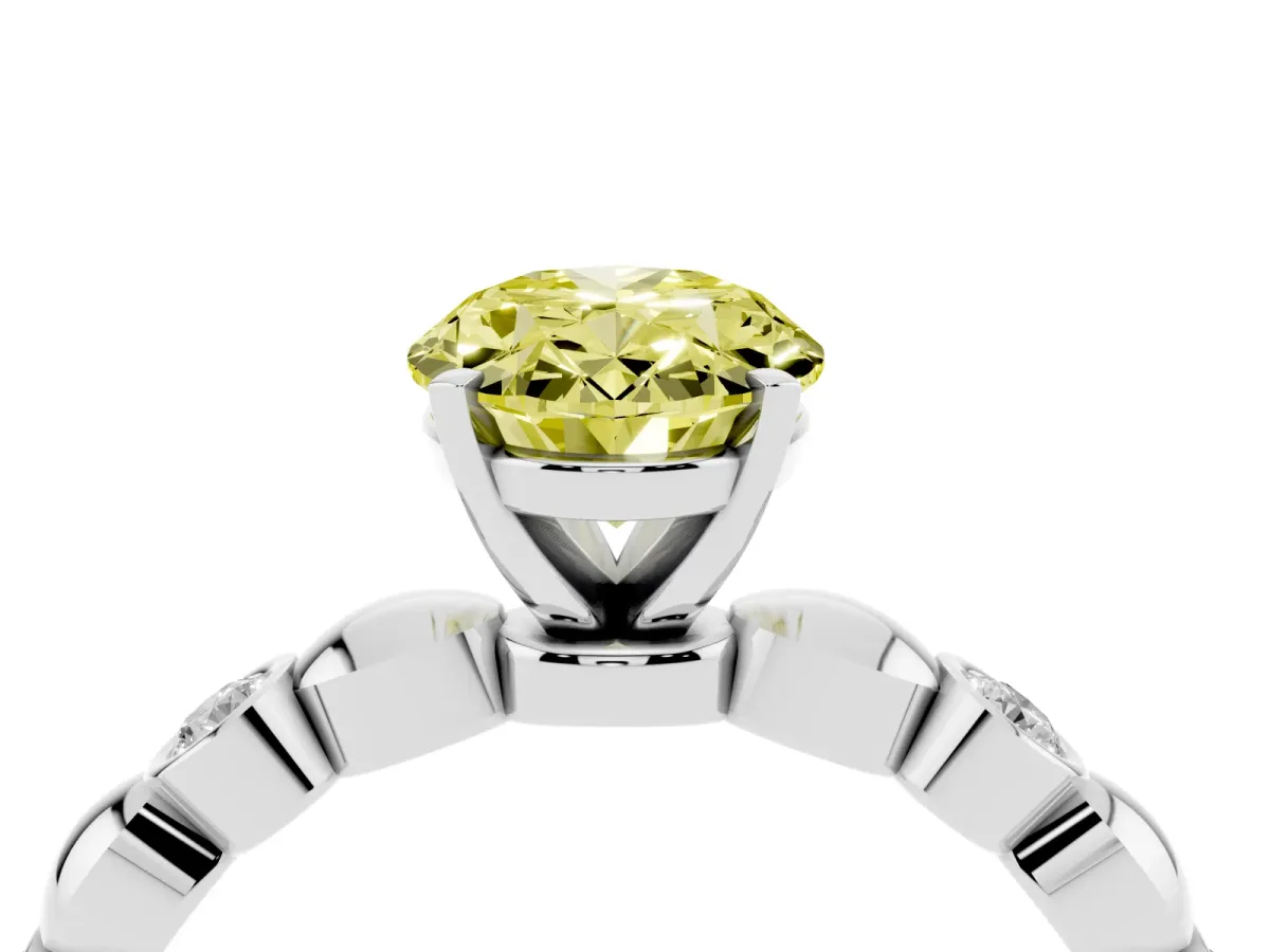 Fancy Yellow Oval Cut Solitaire Bezel-Set Diamond Ring with Beaded Band and Four-Prong Setting Silver