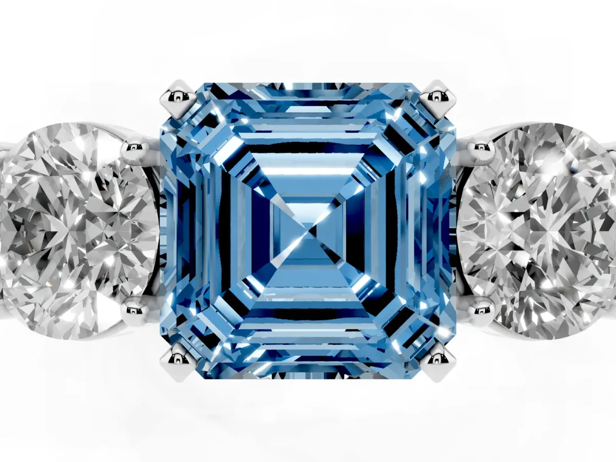 Fancy Blue Three-Stone Asscher Cut Diamond Ring with Round Side Stones, Classic Band, and Four-Prong Setting White gold