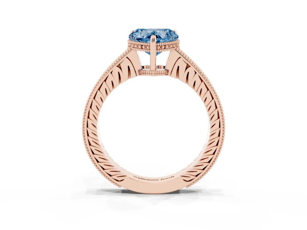 Fancy Blue Heart Cut Solitaire Pavé Diamond Milgrain Engagement Ring with Four-Prong Setting Rose gold