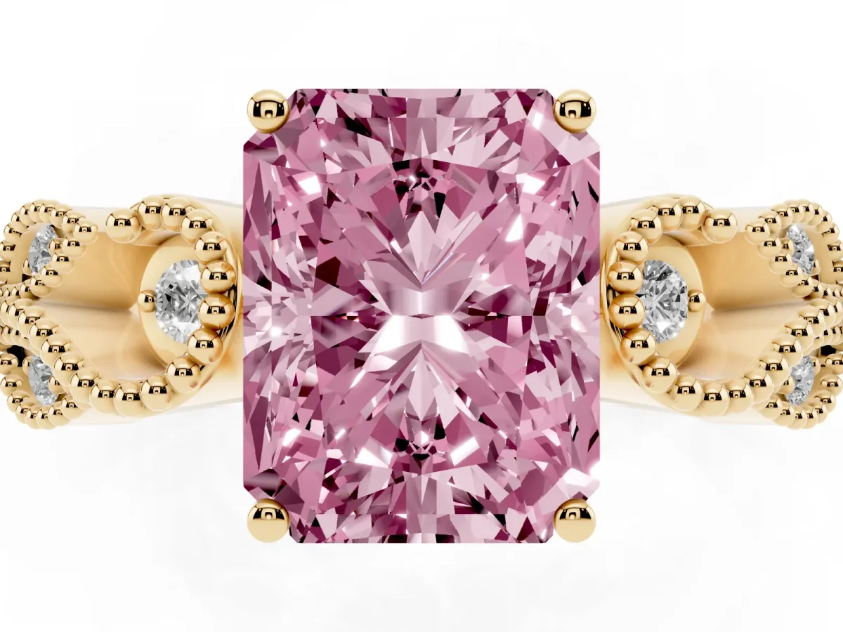 Fancy Pink Radiant Cut Solitaire Milgrain Leaf Band with Prong Setting Yellow gold