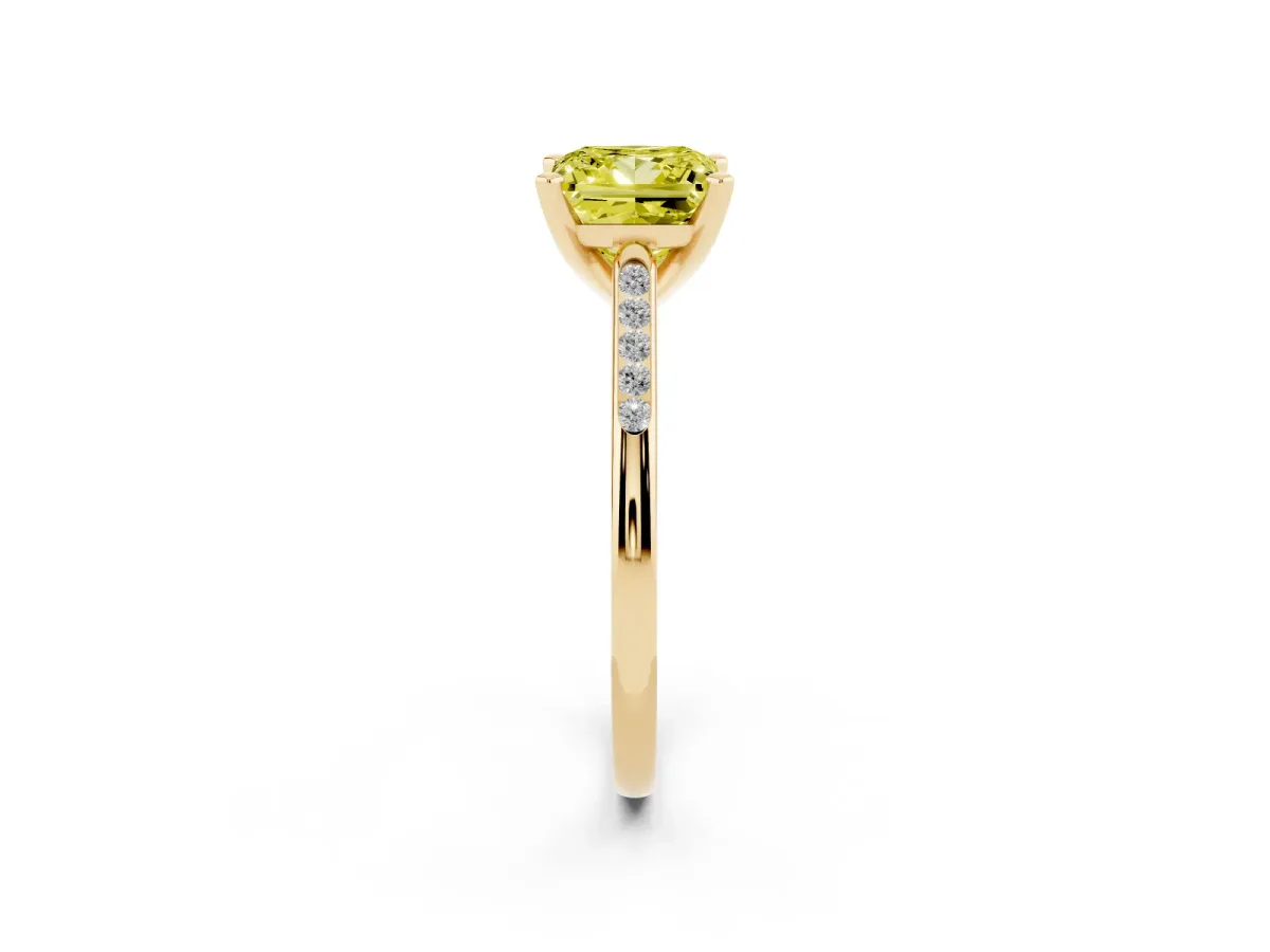 Fancy Yellow Princess Cut Diamond Solitaire Ring with Channel Set Round Band and Prong Setting Yellow gold