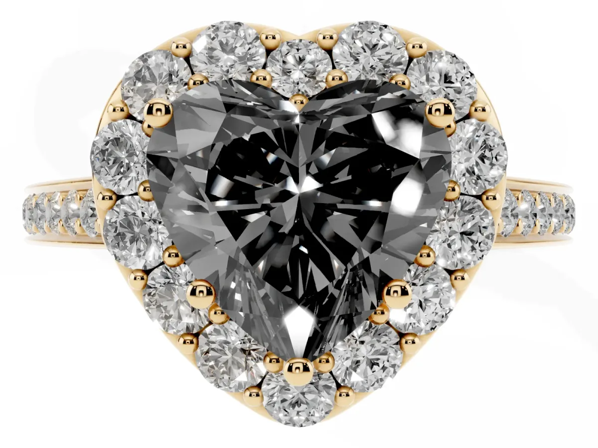 Fancy Black Heart Cut Diamond Floral Halo Ring with Pavé Band and Prong Setting Yellow gold