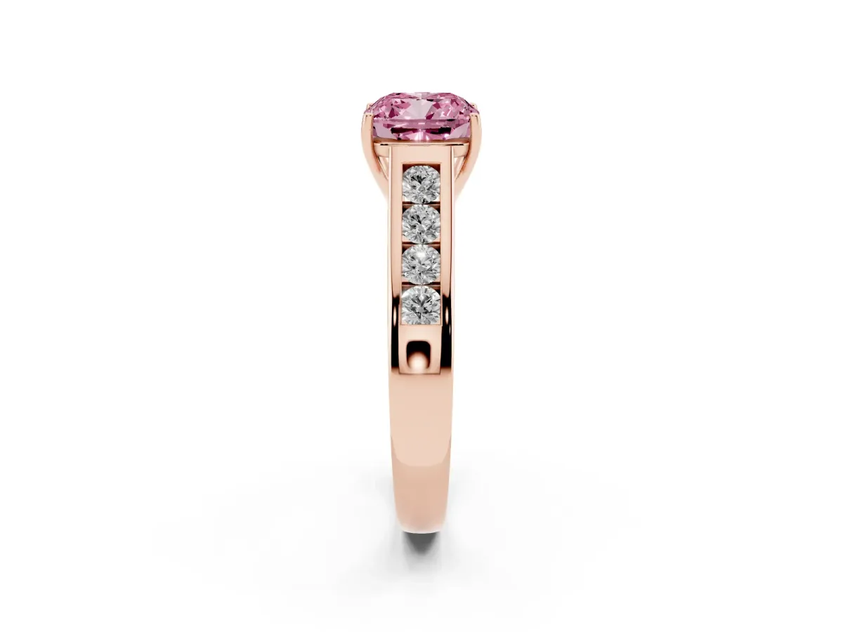 Fancy Pink Cushion Cut Brilliant Channel-Set Solitaire Ring with Four-Prong Setting Rose gold