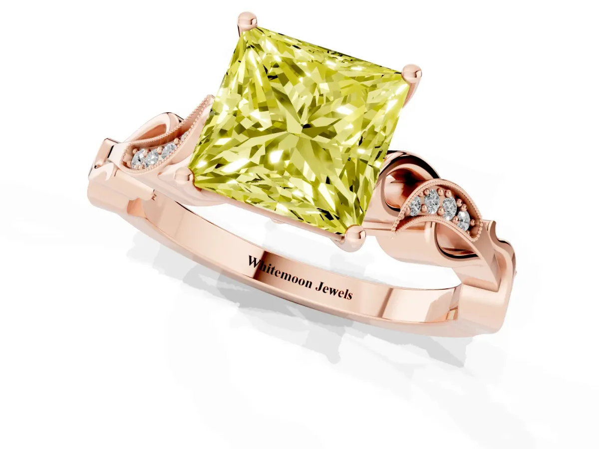 Fancy Yellow Princess Cut Solitaire Vine Band with Milgrain Prong Setting Rose gold