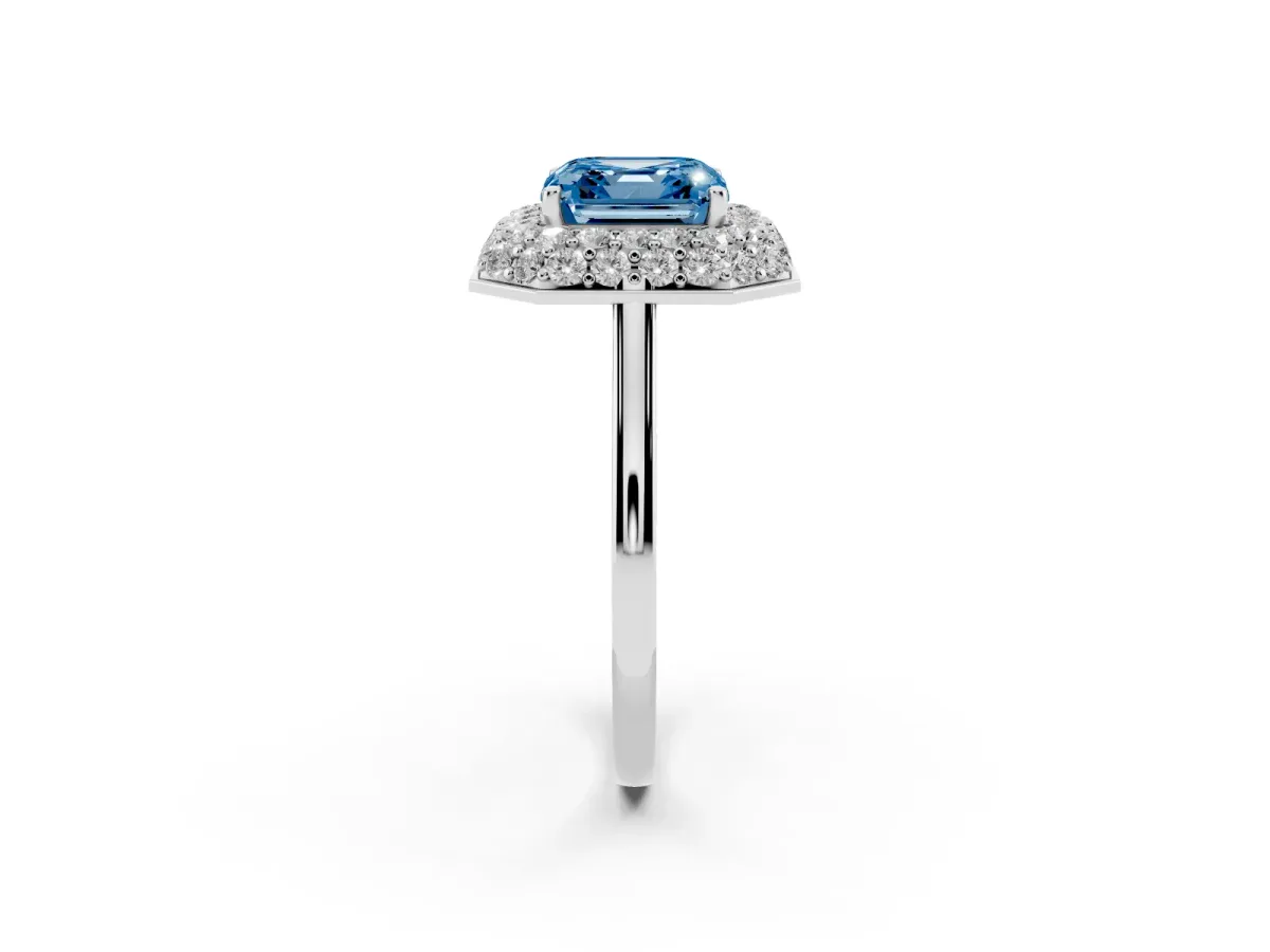 Fancy Blue Asscher Cut Halo Diamond Engagement Ring with Solitaire Band and Four-Prong Setting Platinum