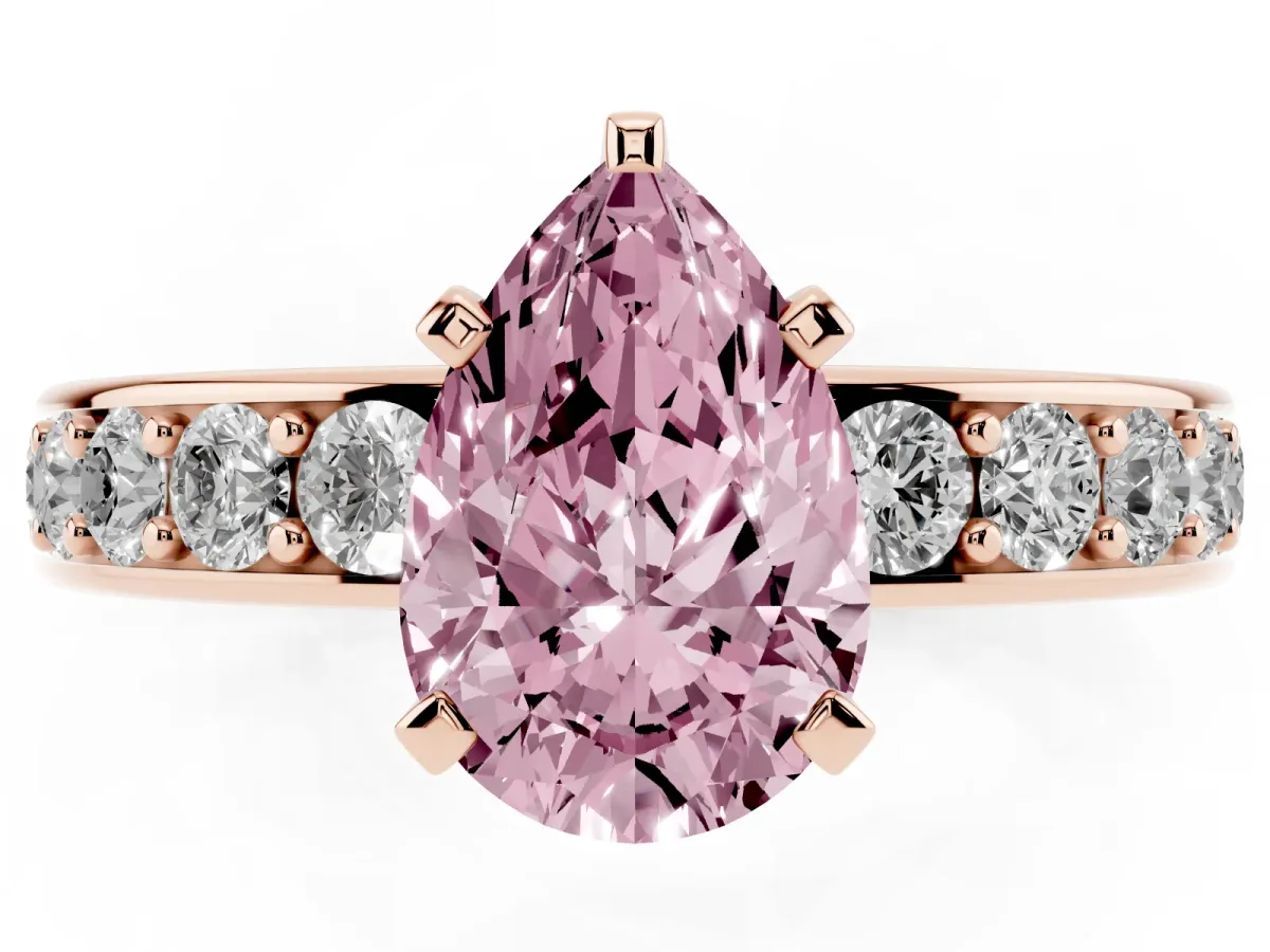 Fancy Pink Pear Cut Diamond Engagement Ring with Channel Set Round Band and Prong Setting Rose gold