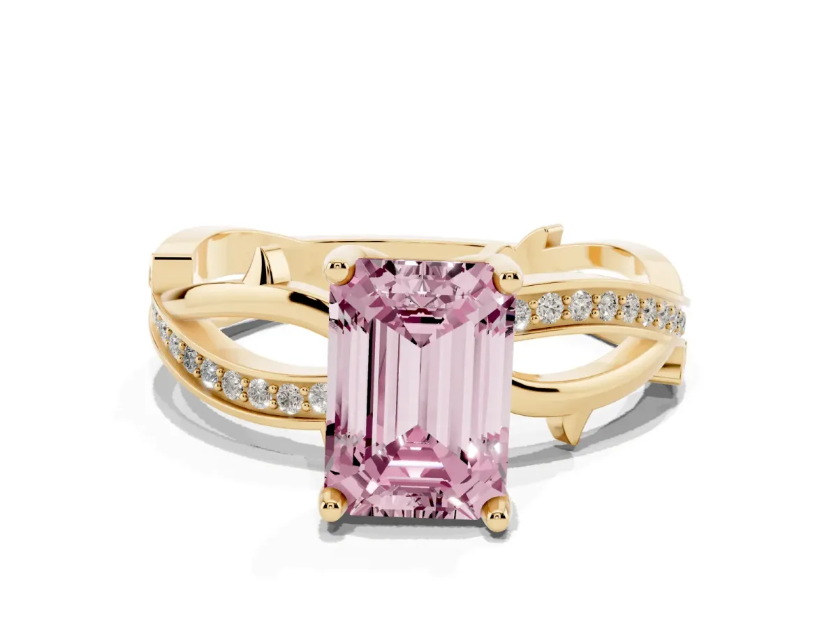 Fancy Pink Emerald Cut Solitaire Twist Band with Pavé Accents and Four-Prong Setting Yellow gold
