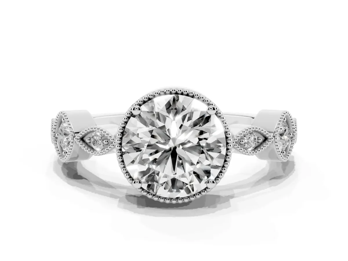 Round Cut Diamond Vintage Milgrain Ring with Round Stations Platinum