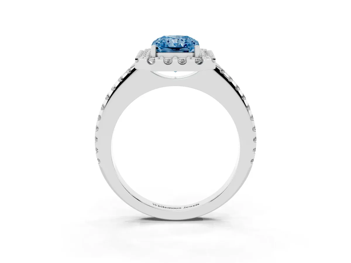 Fancy Blue Radiant Cut Diamond Pavé Halo Ring with Four-Prong Setting Silver