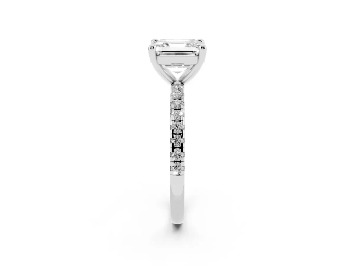 Asscher Cut Diamond Brilliant Solitaire Ring with Pavé Band and Four-Prong Setting Platinum