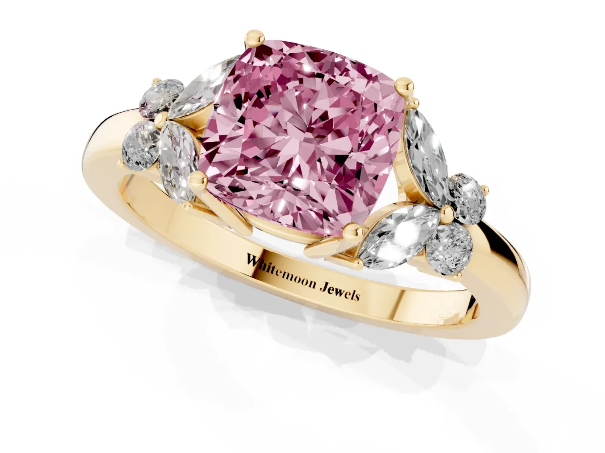 Fancy Pink Cushion Cut Cut Solitaire Floral Diamond Ring with Four-Prong Setting Yellow gold