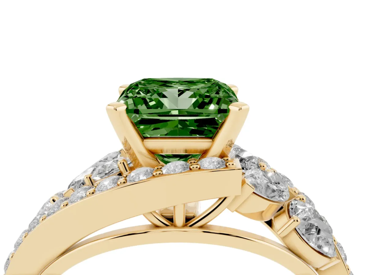 Fancy Green Princess Cut Diamond Halo Ring with Marquise and Pavé Band in Prong Setting Yellow gold