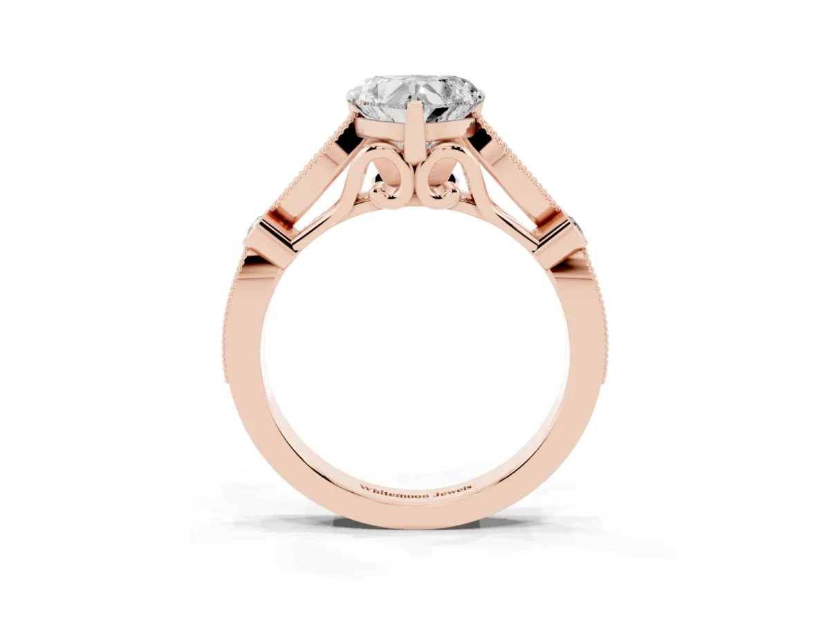 Heart Cut Cut Diamond with Milgrain Marquise and Bezel Accents on a Solitaire Band with Prong Setting Rose gold