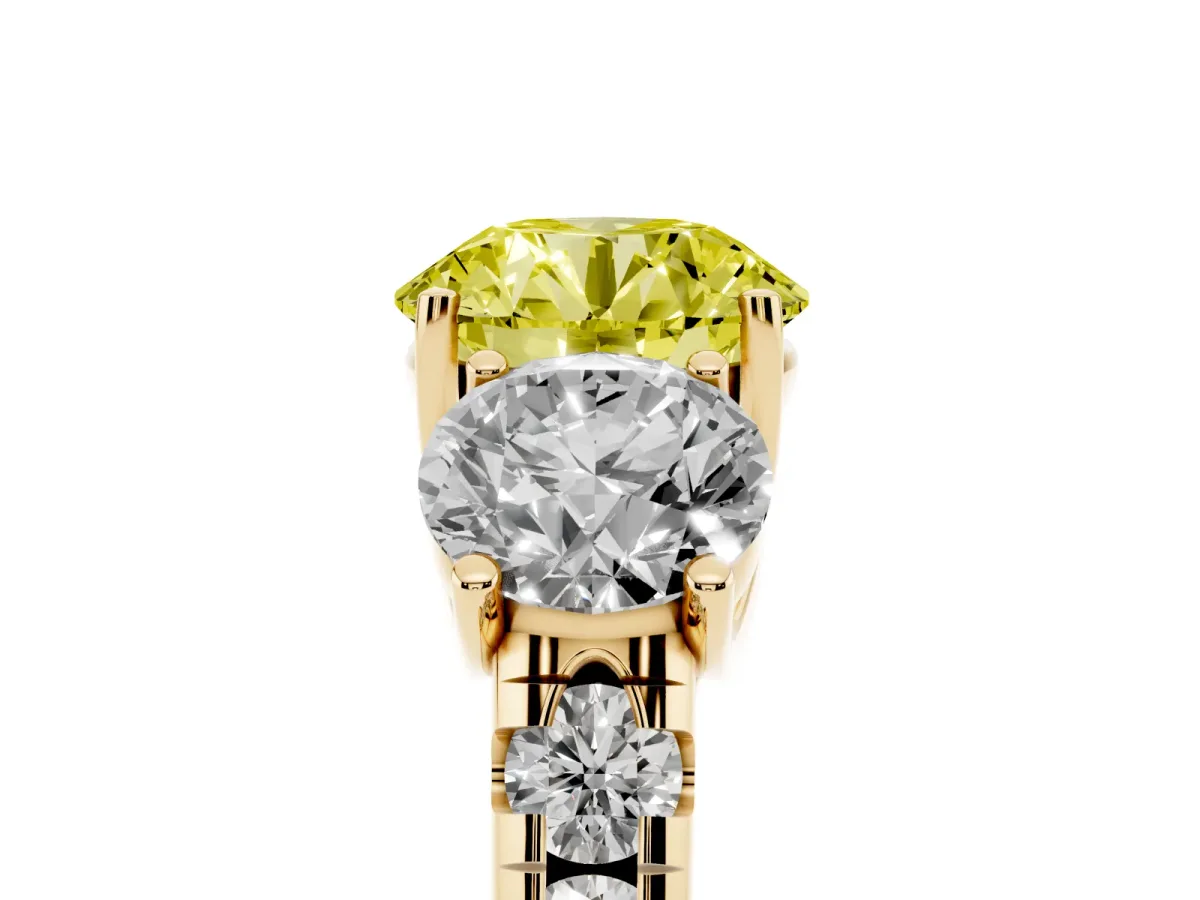 Fancy Yellow Three-Stone Round Cut Diamond Pavé Band with Prong Setting Yellow gold