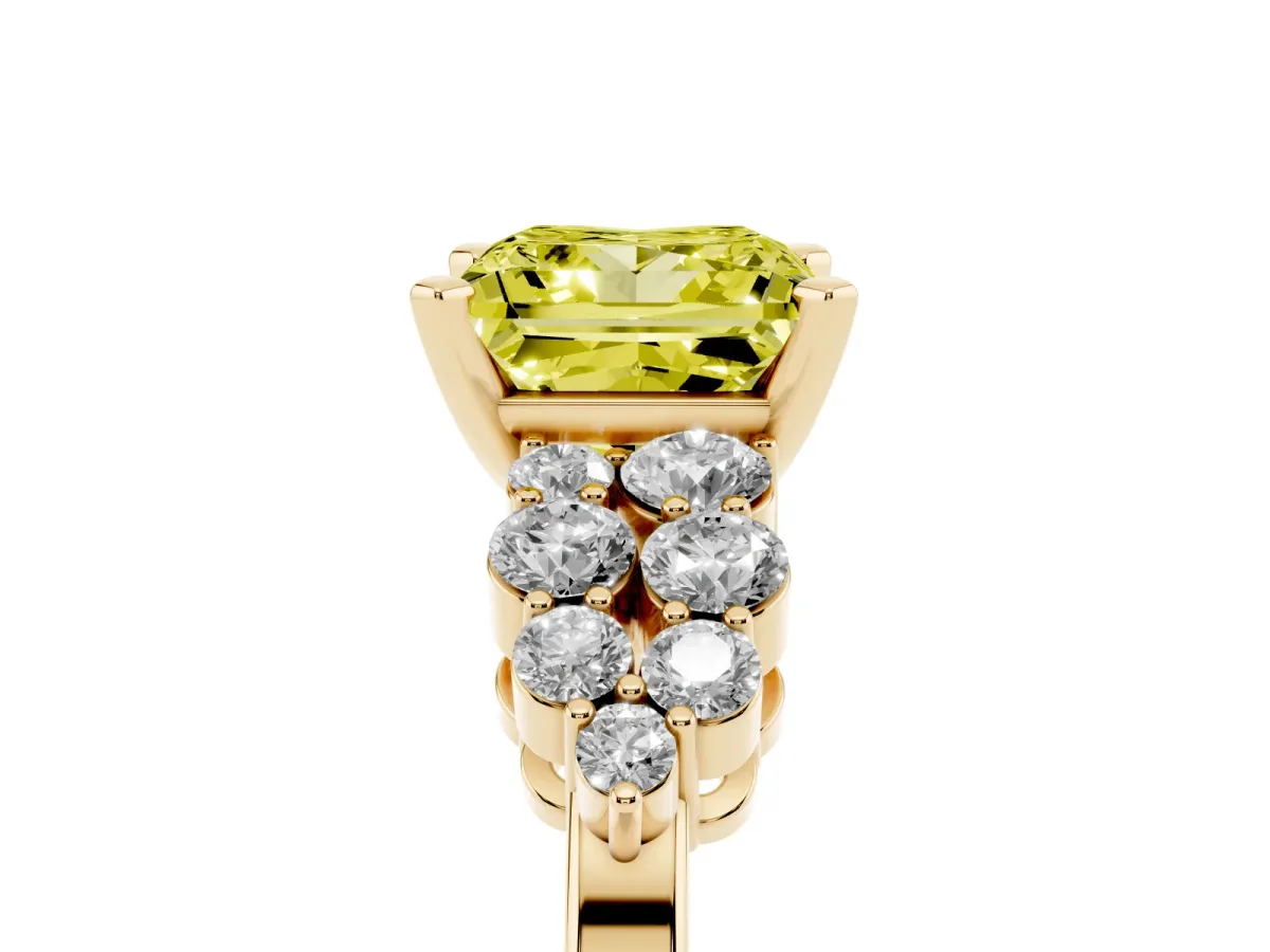 Fancy Yellow Princess Cut Cluster Diamond Engagement Ring with Pavé Band and Four-Prong Setting Yellow gold