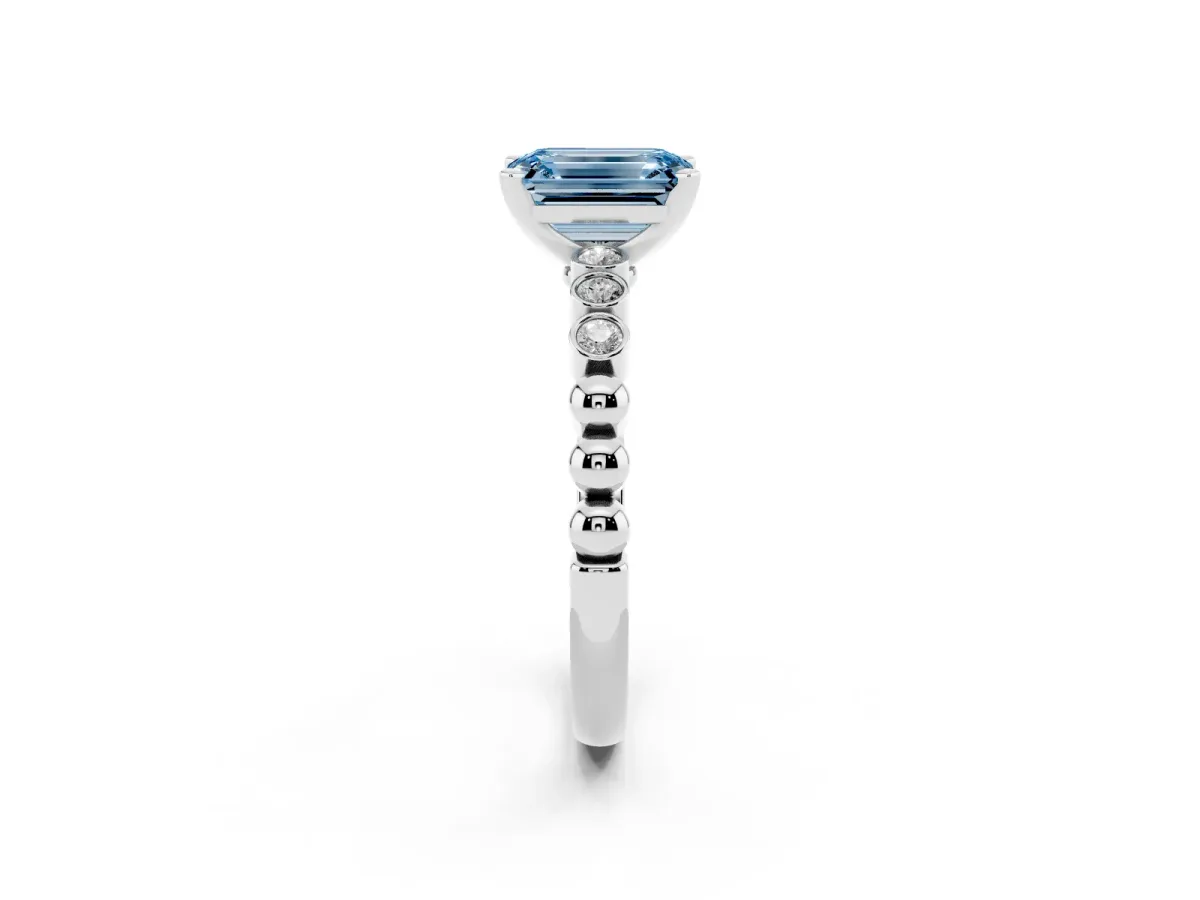 Fancy Blue Emerald Cut Solitaire Bezel Accent Diamond Engagement Ring with Beaded Band and Four-Prong Setting White gold