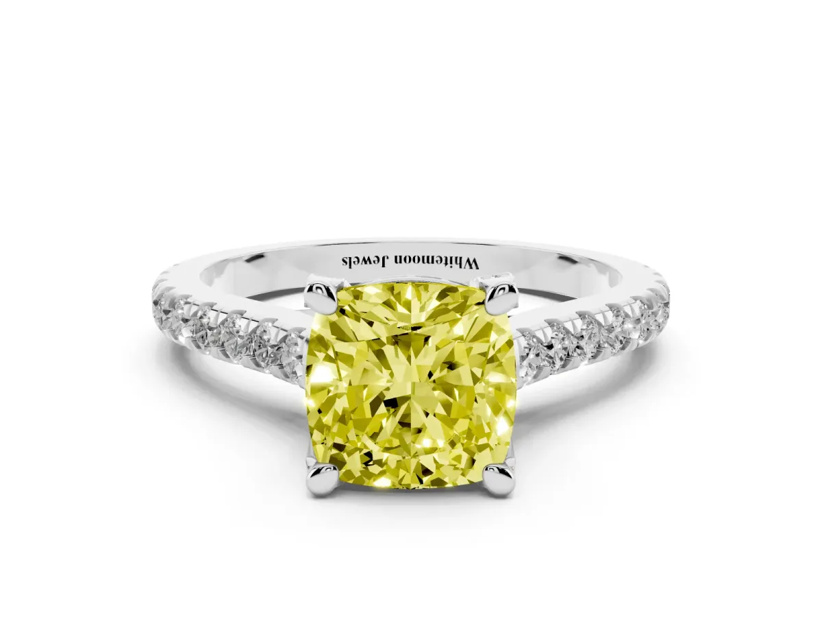 Fancy Yellow Cushion Cut Brilliant Diamond Solitaire with Pavé Band and Four-Prong Setting White gold
